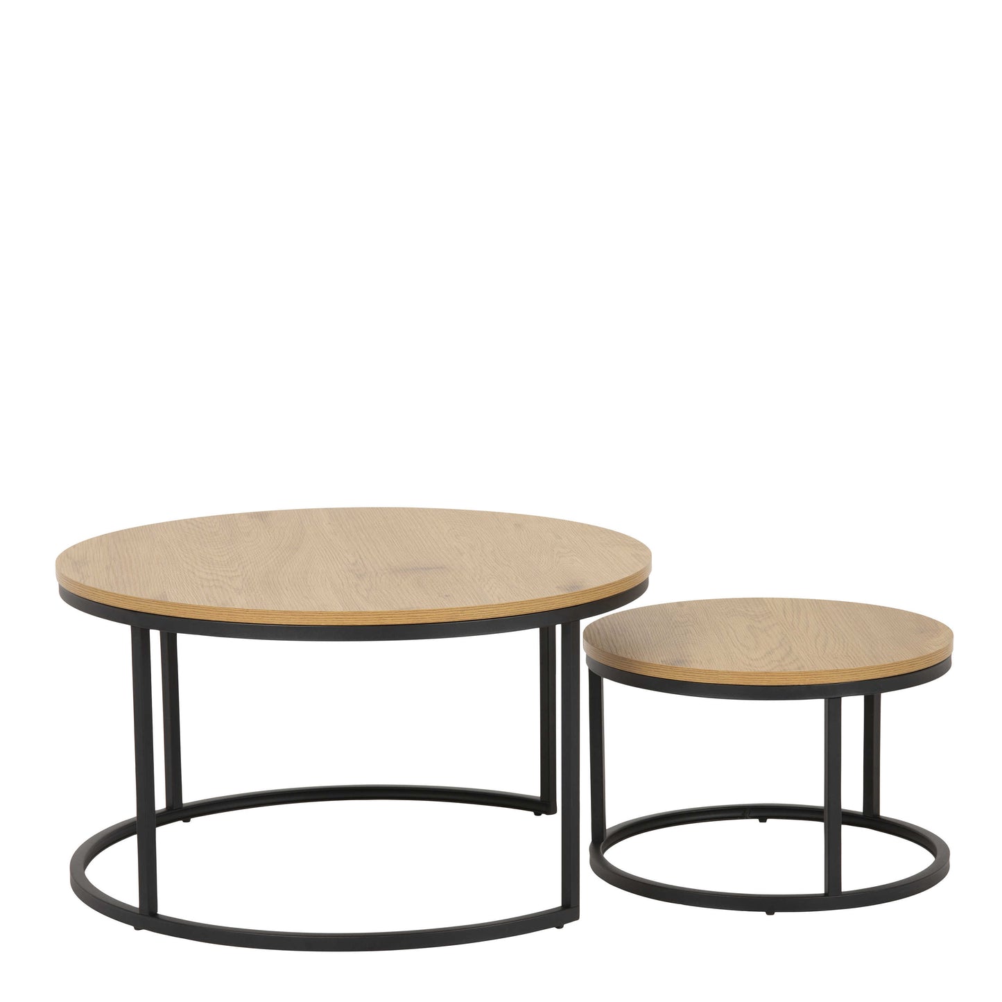 Odense Wild Oak Effect Round Nesting Coffee Table Set Black Metal Legs
