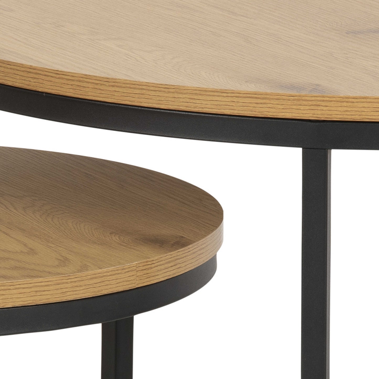 Odense Wild Oak Effect Round Nesting Coffee Table Set Black Metal Legs