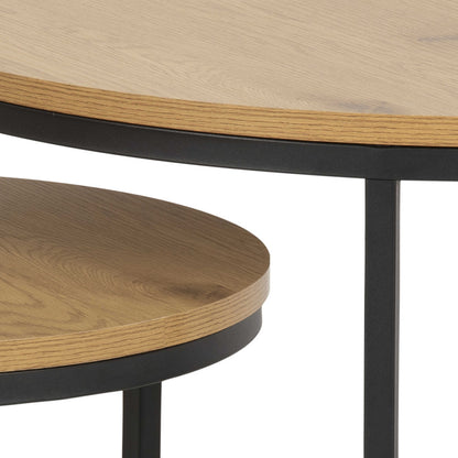 Odense Wild Oak Effect Round Nesting Coffee Table Set Black Metal Legs