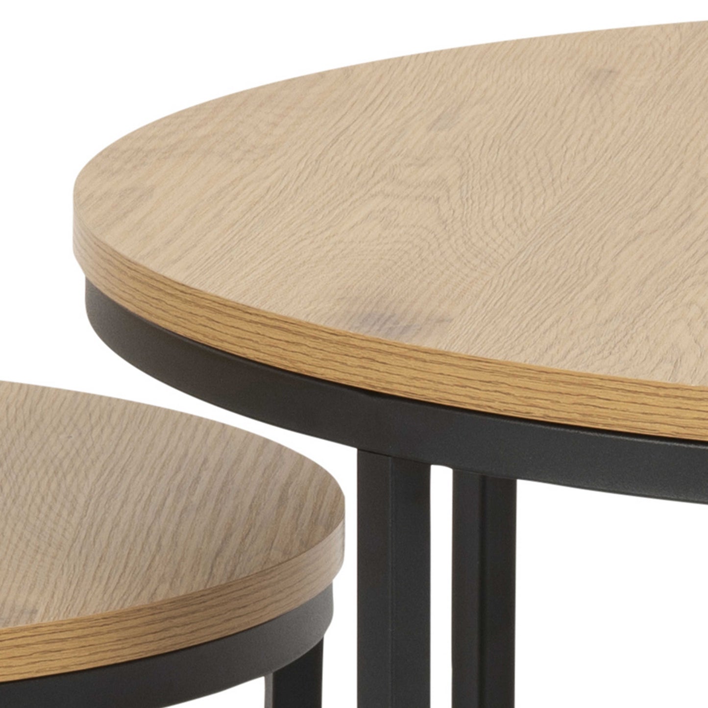 Odense Wild Oak Effect Round Nesting Coffee Table Set Black Metal Legs