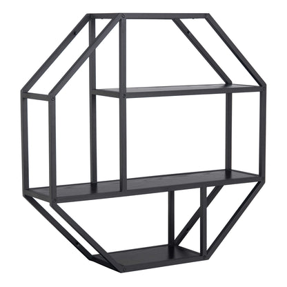 El Paso Black Metal Octagonal Wall Shelf 4 Black Wooden Shelves