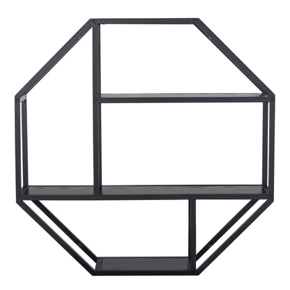 El Paso Black Metal Octagonal Wall Shelf 4 Black Wooden Shelves