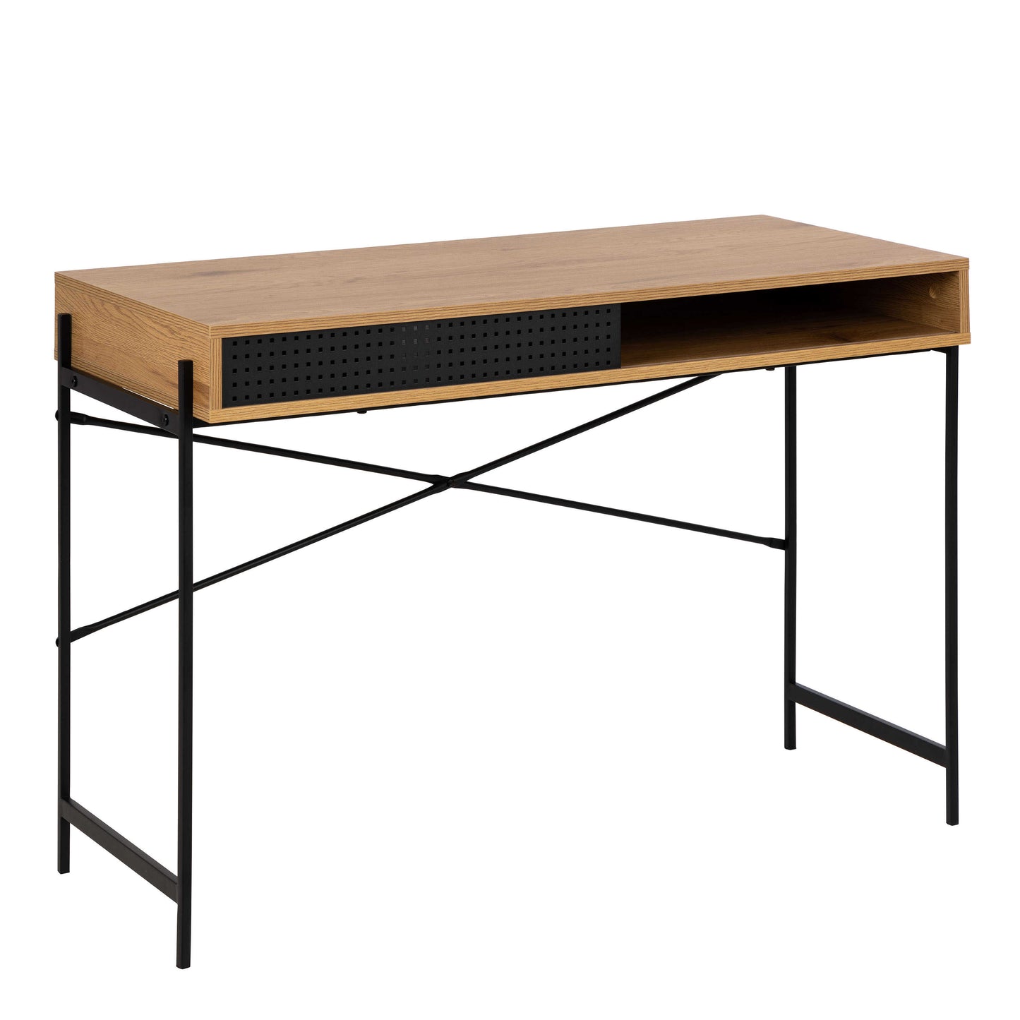 Cambridge Black and Oak Wood Office Desk Sliding Mesh Door
