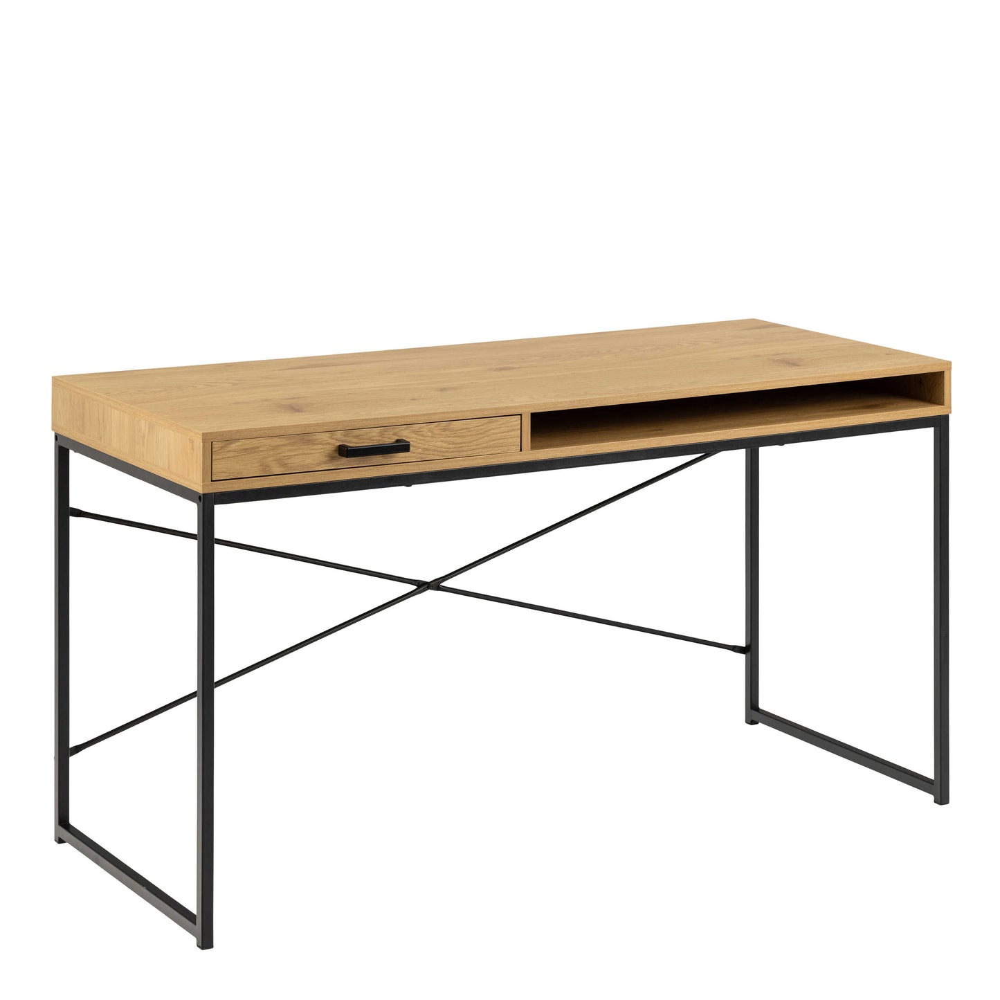 El Paso Wild Oak Effect Desk with Drawer and Shelf Black Metal Base