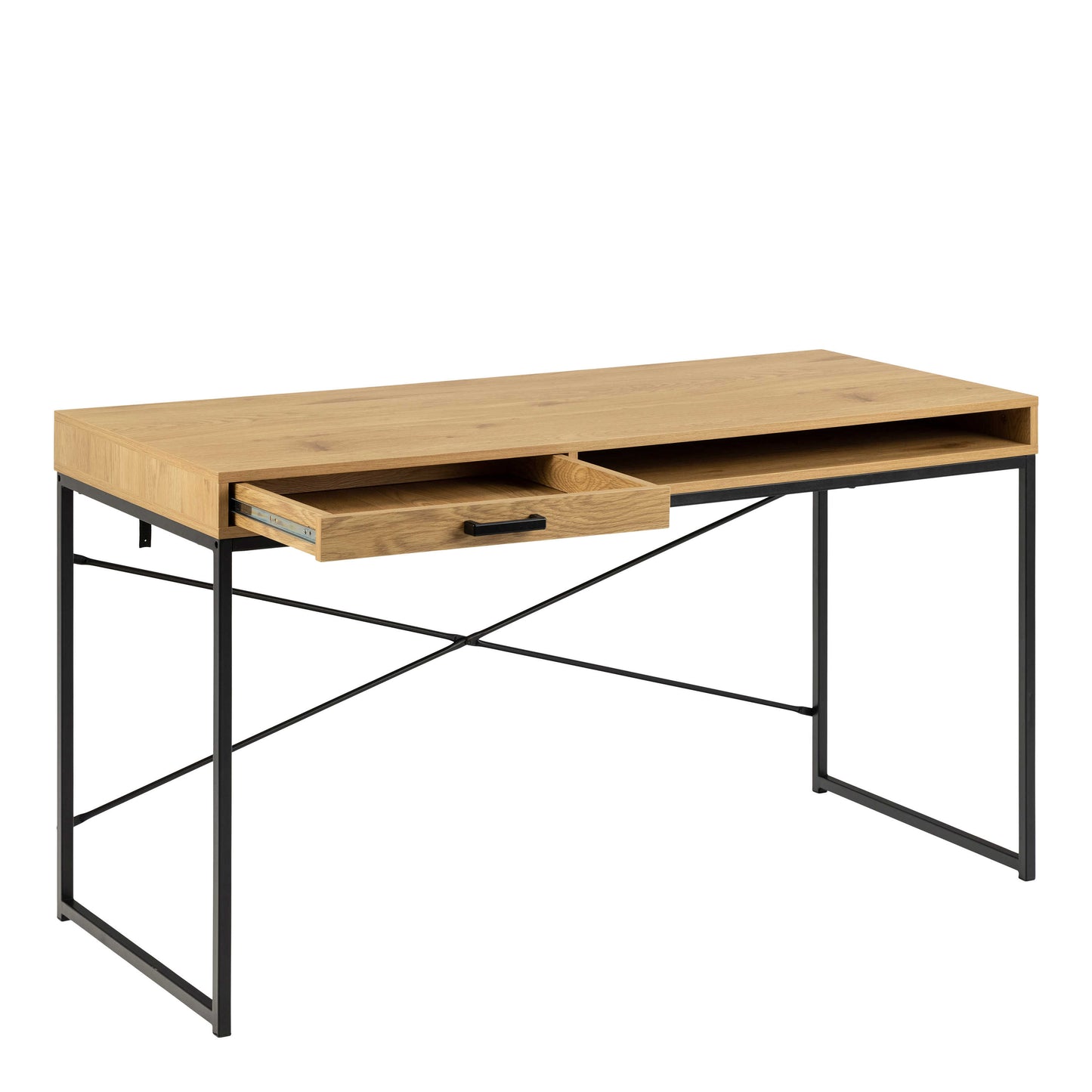 El Paso Wild Oak Effect Desk with Drawer and Shelf Black Metal Base