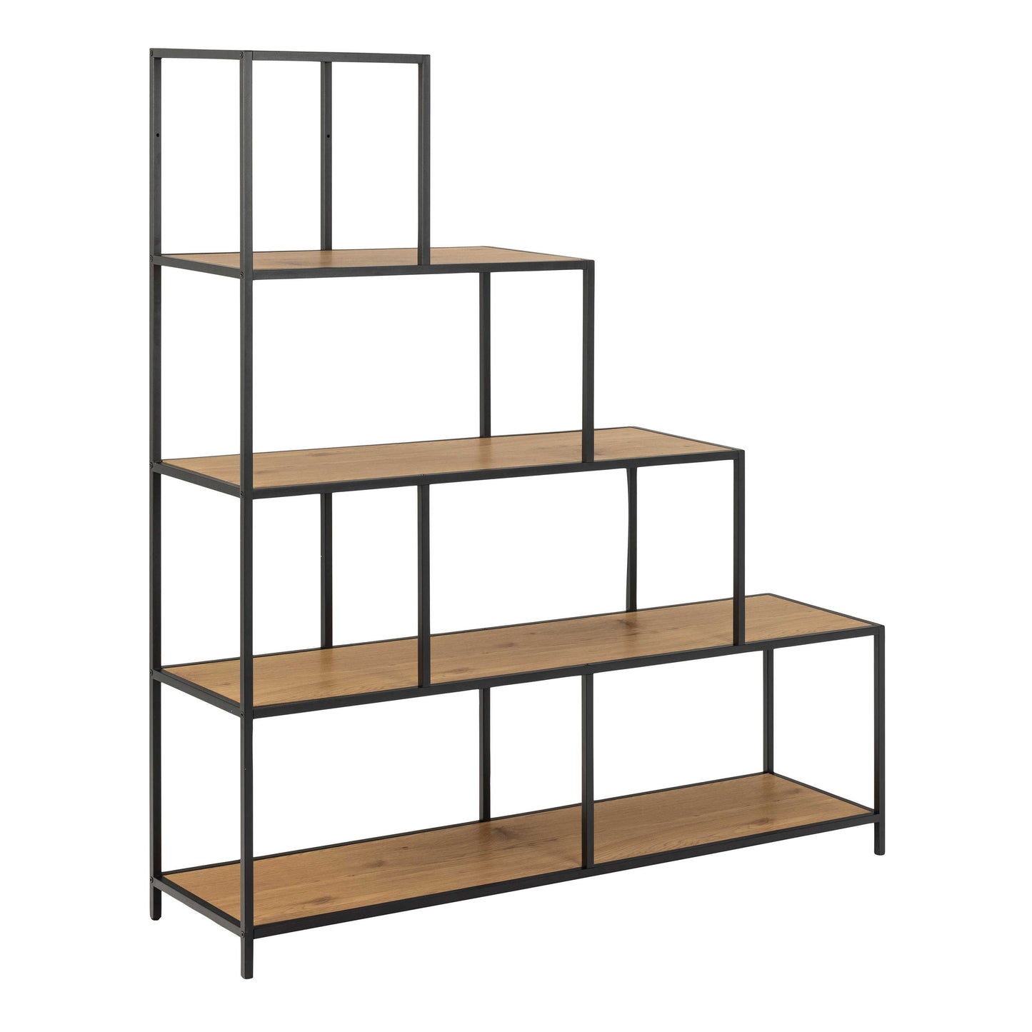 El Paso Black Metal and Natural Oak Veneer Frame Bookcase 4 Shelves in Step Design