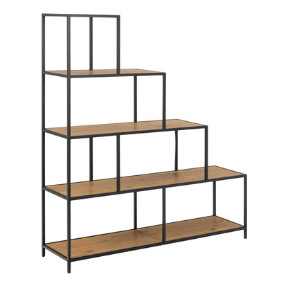 El Paso Black Metal and Natural Oak Veneer Frame Bookcase 4 Shelves in Step Design