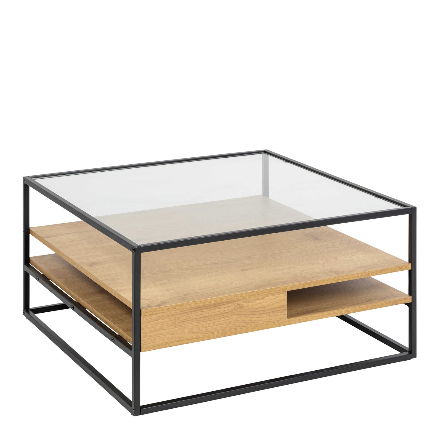 Wrenna Black and Natural Oak Effect Square Coffee Table 2 Shelves Glass Top