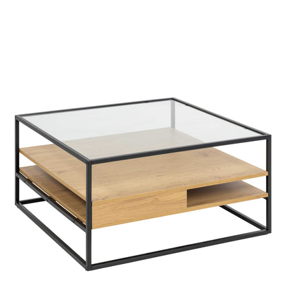 Wrenna Black and Natural Oak Effect Square Coffee Table 2 Shelves Glass Top
