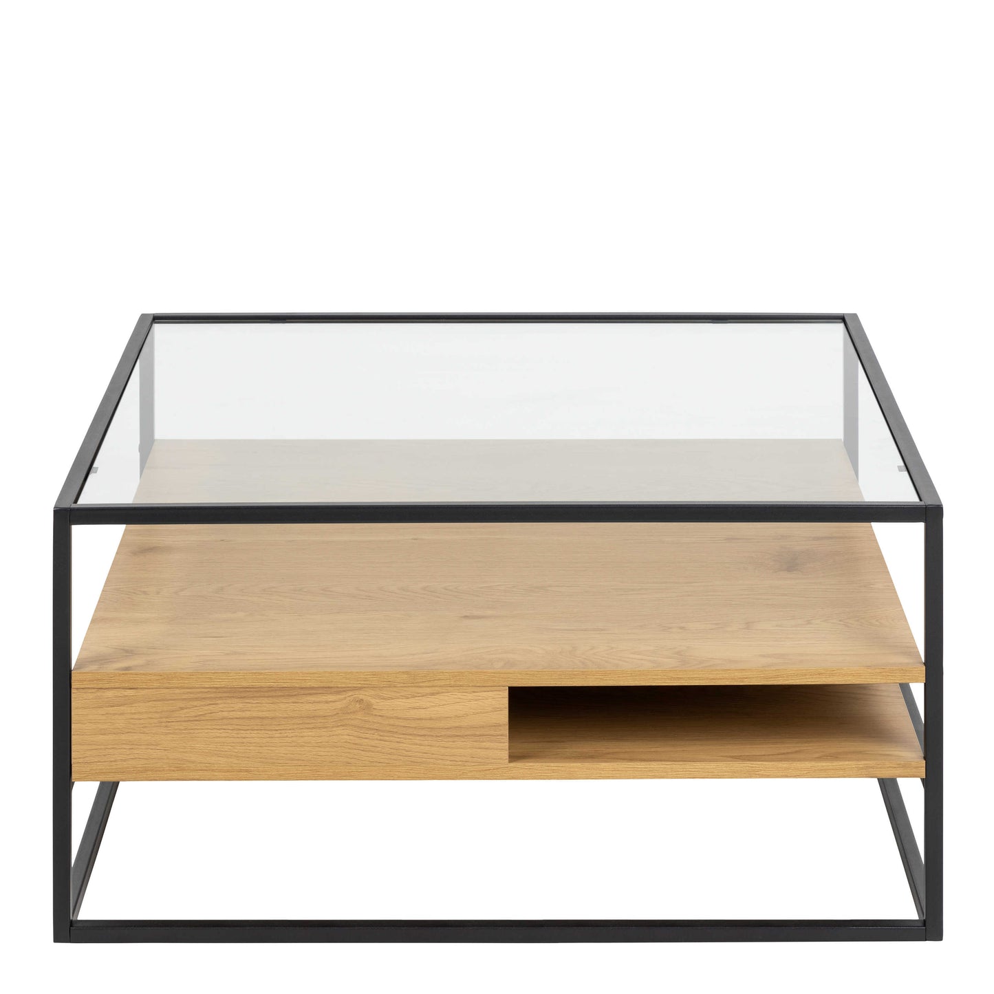 Wrenna Black and Natural Oak Effect Square Coffee Table 2 Shelves Glass Top