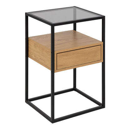 Wrenna Black and Natural Oak Effect Square Bedside Table 1 Drawer Glass Top