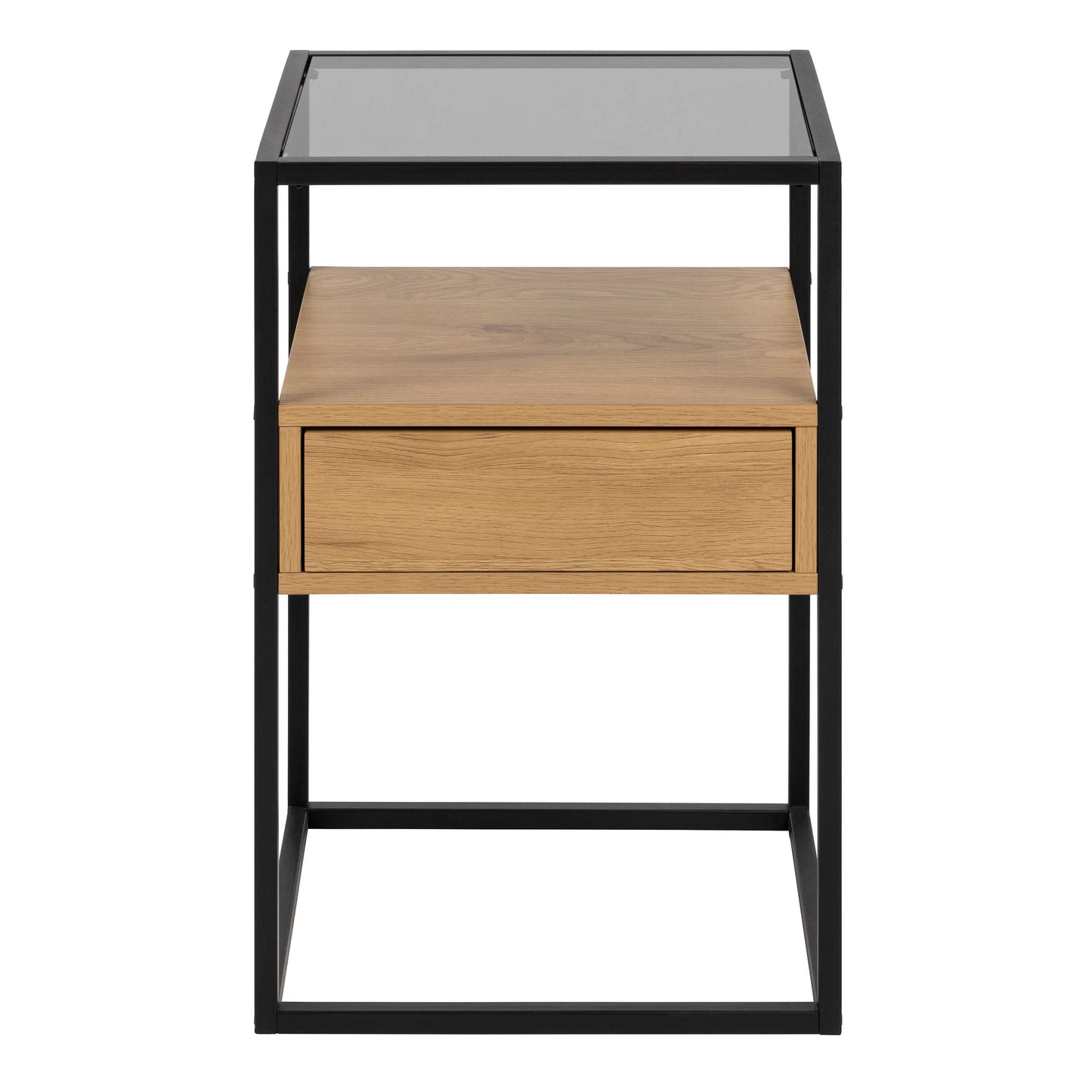 Wrenna Black and Natural Oak Effect Square Bedside Table 1 Drawer Glass Top
