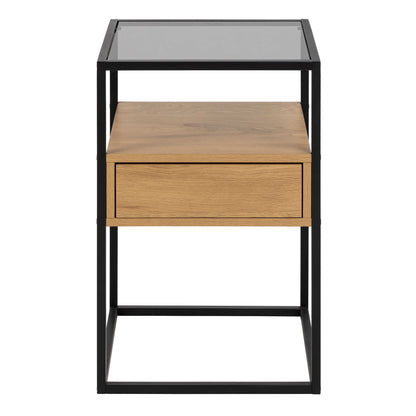 Wrenna Black and Natural Oak Effect Square Bedside Table 1 Drawer Glass Top