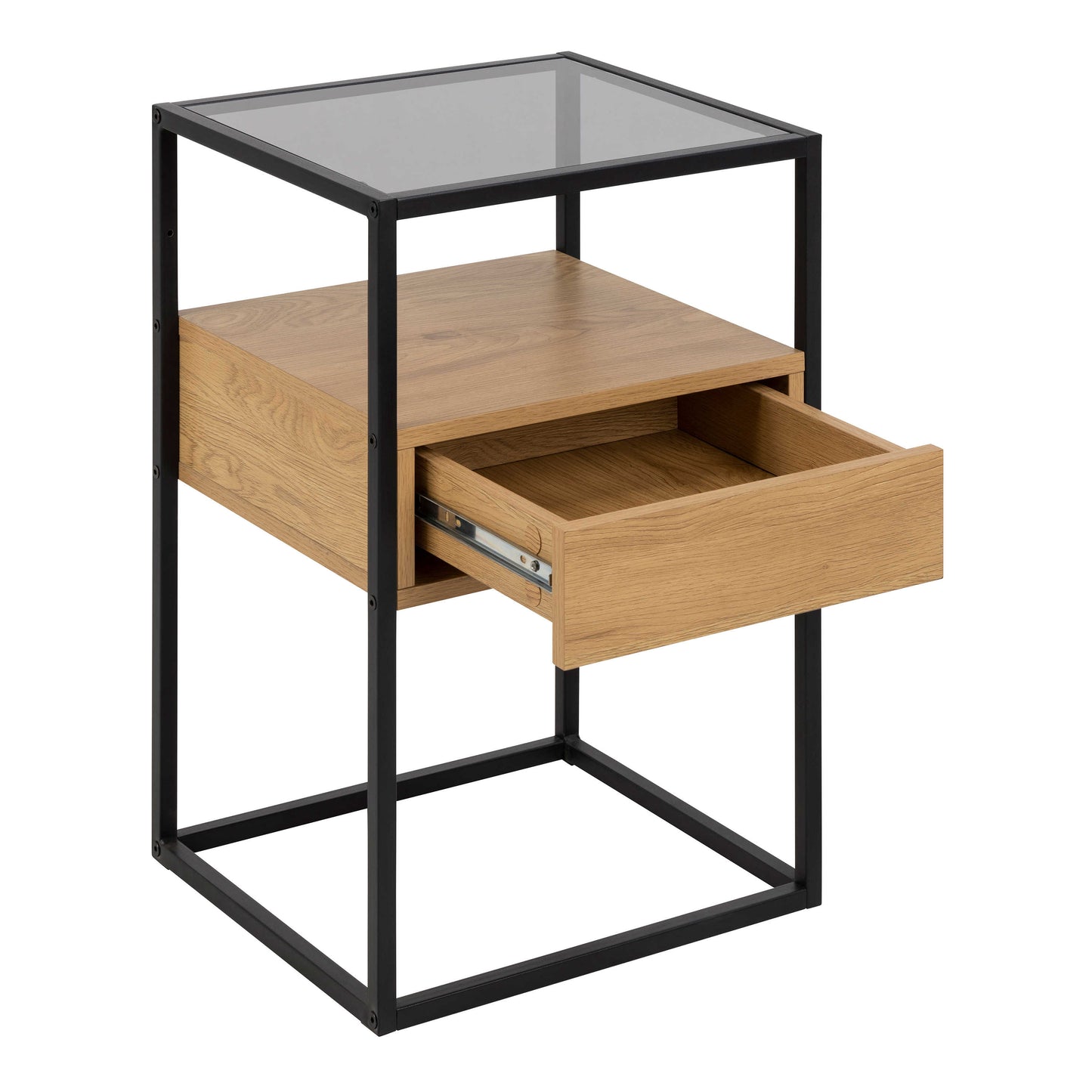 Wrenna Black and Natural Oak Effect Square Bedside Table 1 Drawer Glass Top