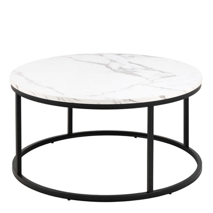 Odense Round White Marble Effect Coffee Table Black Metal Legs