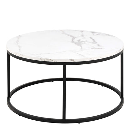 Odense Round White Marble Effect Coffee Table Black Metal Legs
