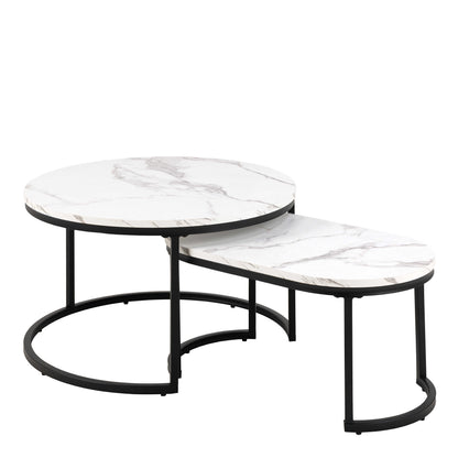 Copenhagen Round White Marble Effect Nesting Coffee Table Set Black Metal Legs