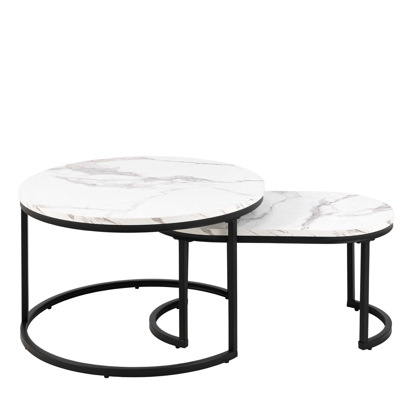 Copenhagen Round White Marble Effect Nesting Coffee Table Set Black Metal Legs
