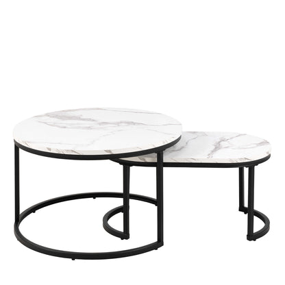 Copenhagen Round White Marble Effect Nesting Coffee Table Set Black Metal Legs