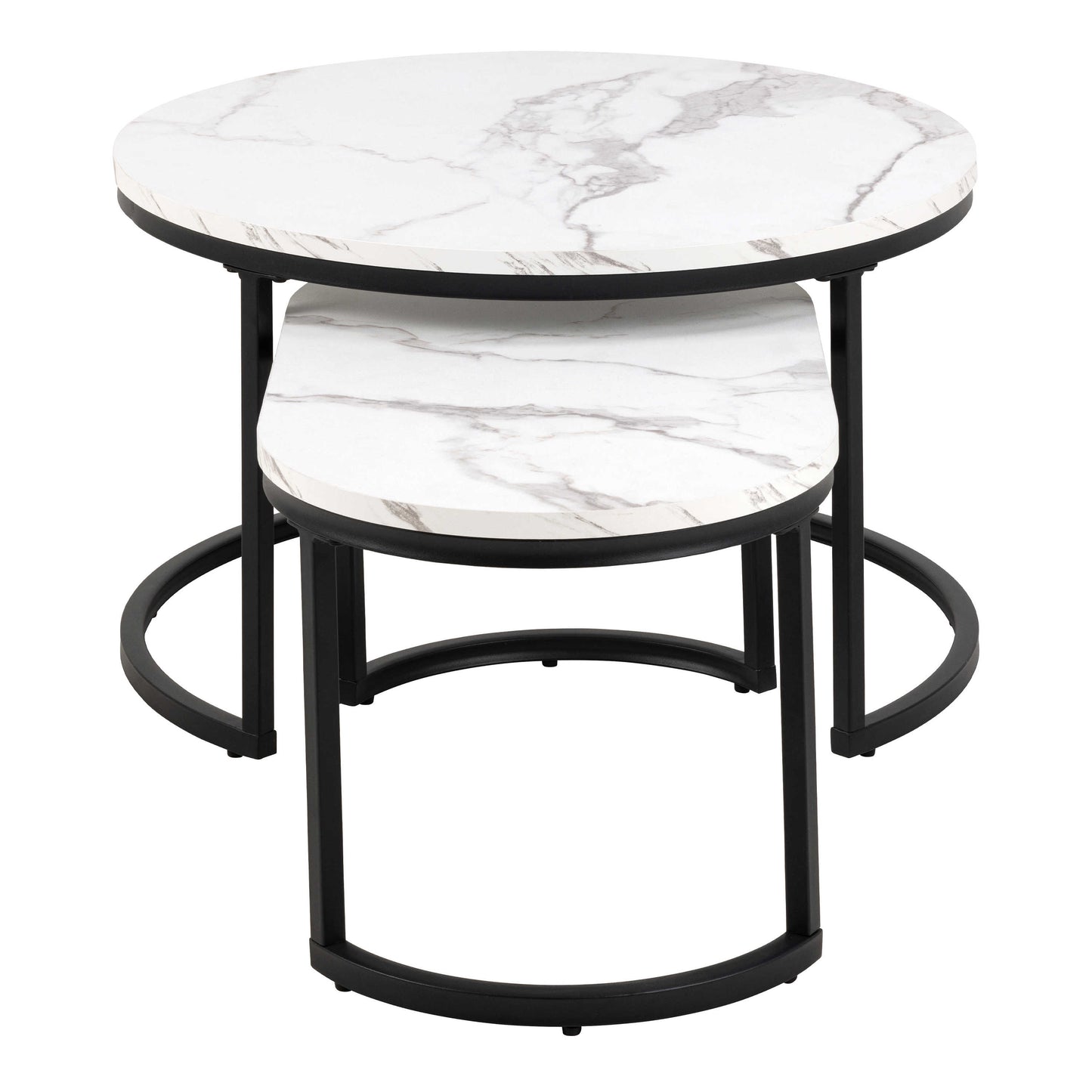 Copenhagen Round White Marble Effect Nesting Coffee Table Set Black Metal Legs