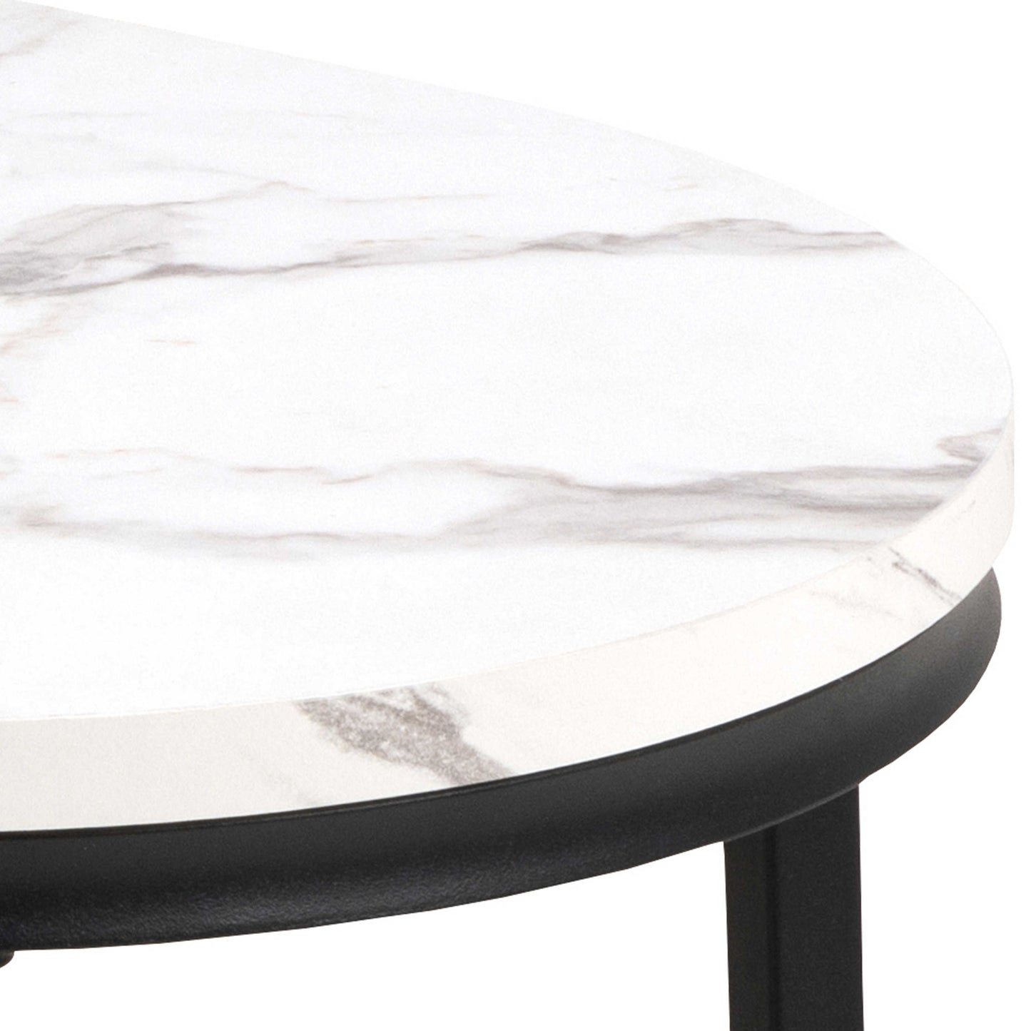 Copenhagen Round White Marble Effect Nesting Coffee Table Set Black Metal Legs