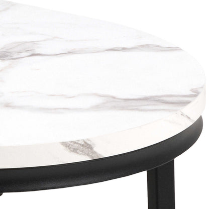Copenhagen Round White Marble Effect Nesting Coffee Table Set Black Metal Legs