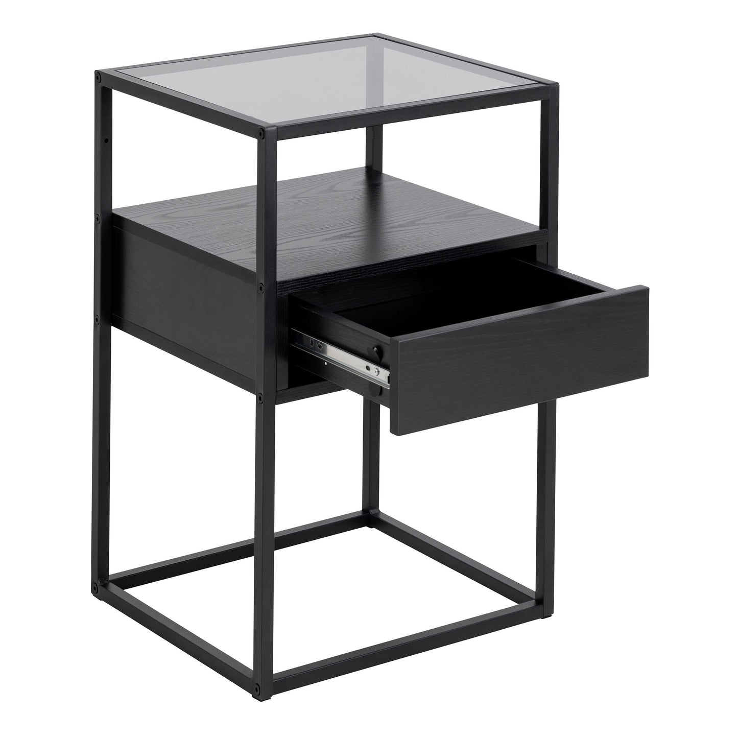 Wrenna Black Bedside Table Glass Top