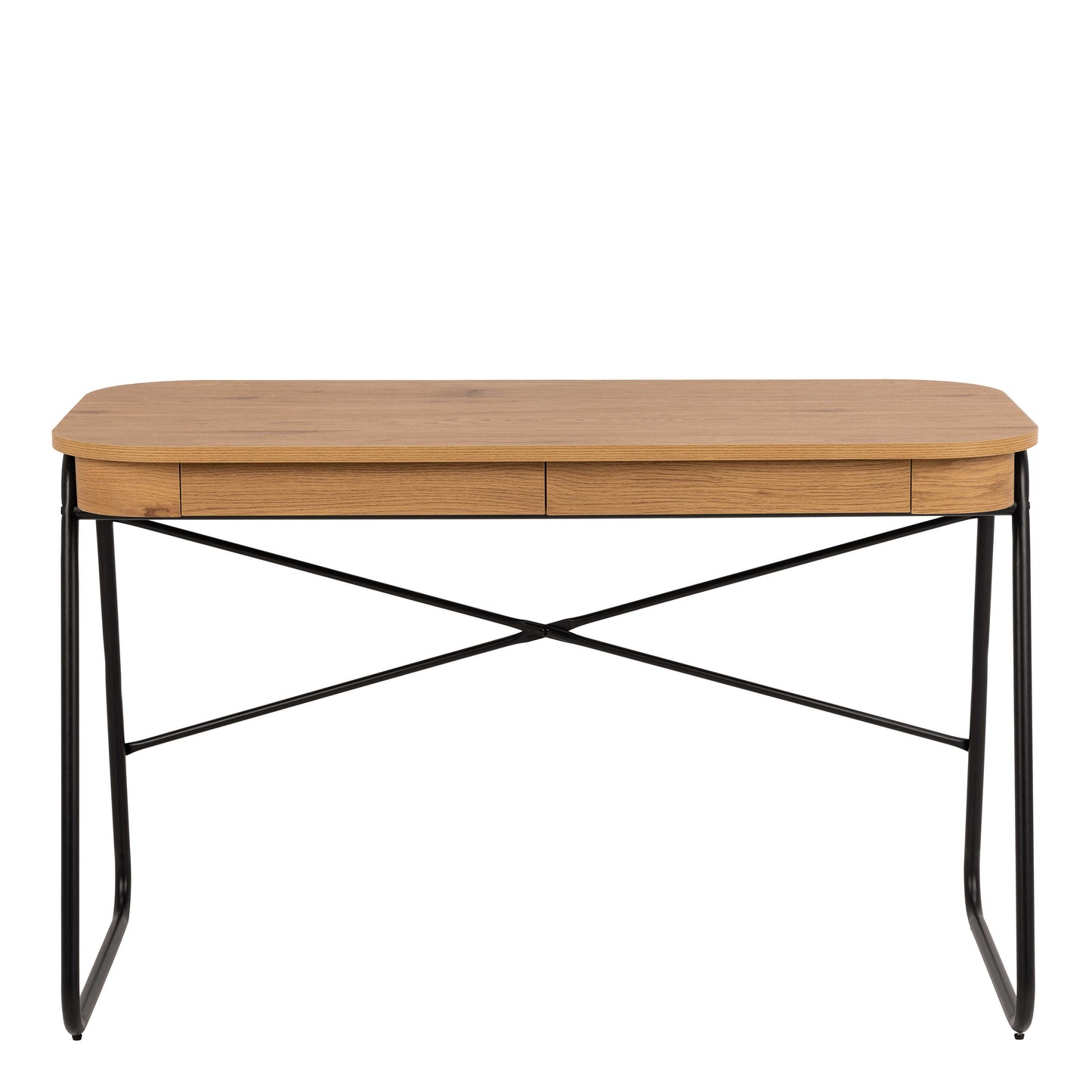 Mosswood Oak Wood and Black Metal Office Desk with 2 Drawers