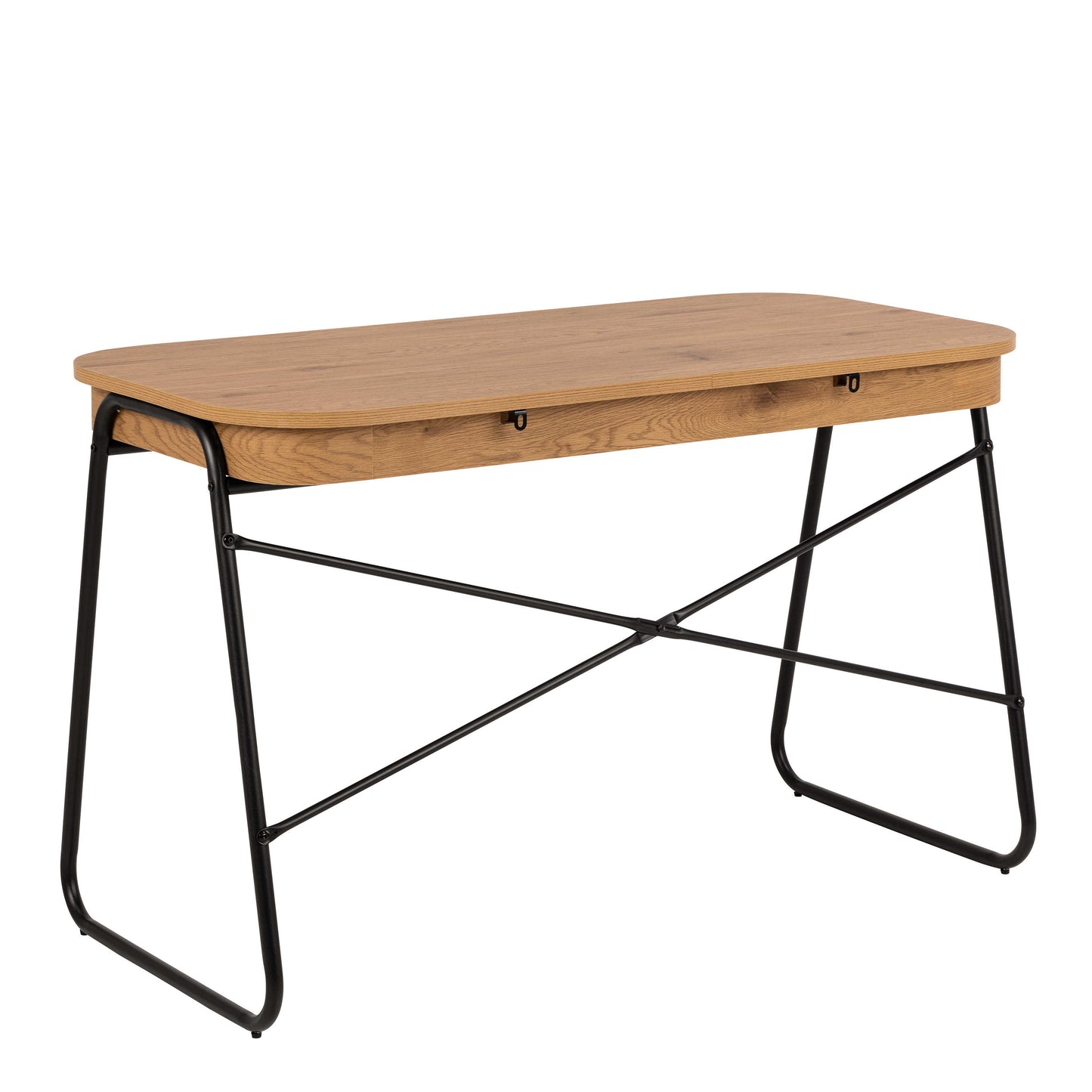 Mosswood Oak Wood and Black Metal Office Desk with 2 Drawers