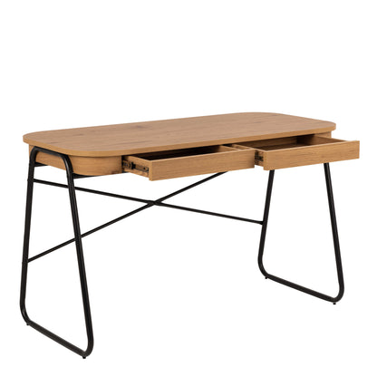 Mosswood Oak Wood and Black Metal Office Desk with 2 Drawers