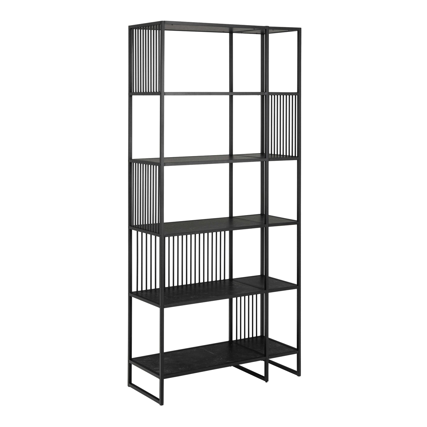 Porto Tall Modern Organic Black Metal Shelving Unit Stone Effect Shelves
