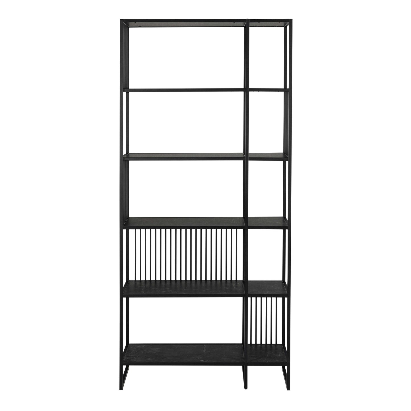 Porto Tall Modern Organic Black Metal Shelving Unit Stone Effect Shelves