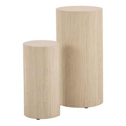Set of 2 Lille Beige Marble Effect Round Pedestal Side Tables