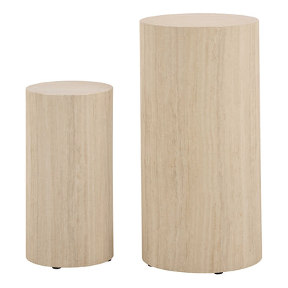 Set of 2 Lille Beige Marble Effect Round Pedestal Side Tables