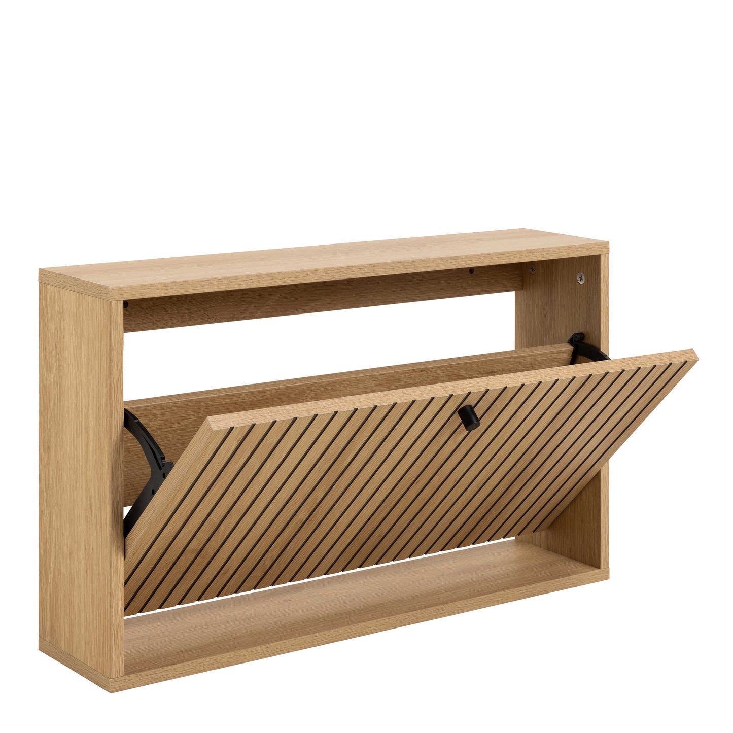 Bjork Natural Oak Wood and Black Panelled Shoe Cabinet 1 Door