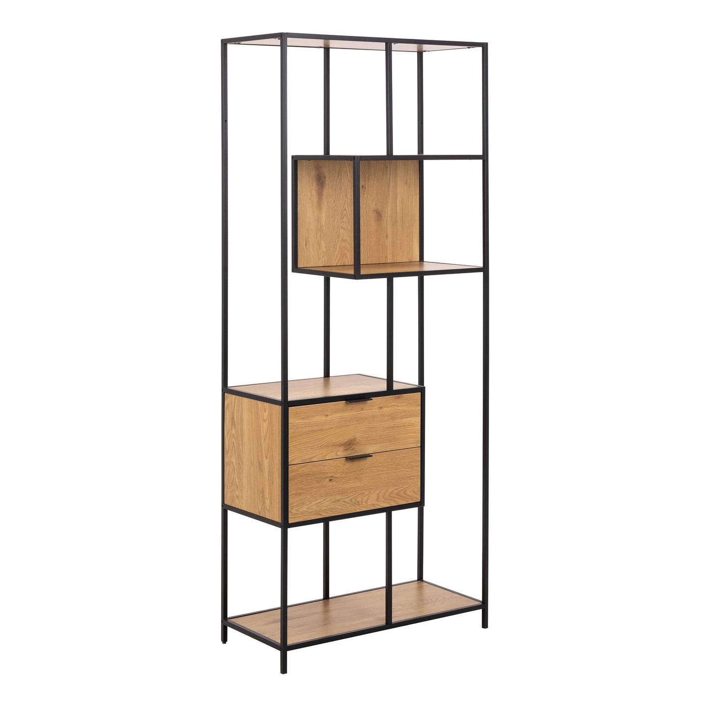 Galway Tall Oak Wood and Metal 2 Drawer 4 Shelves Bookcase