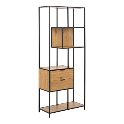 Galway Tall Oak Wood and Metal 2 Drawer 4 Shelves Bookcase