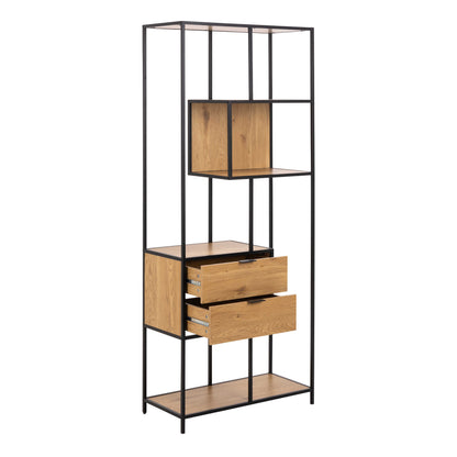 Galway Tall Oak Wood and Metal 2 Drawer 4 Shelves Bookcase