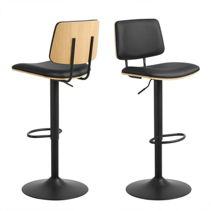 Set of 2 Nairobi Swivel Bar Stool Black Leather and Oak Veneer With Height Adjustable