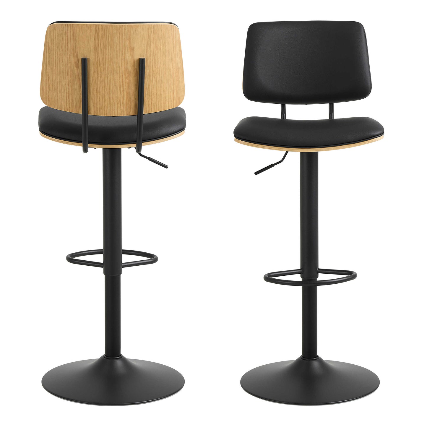 Set of 2 Nairobi Swivel Bar Stool Black Leather and Oak Veneer With Height Adjustable