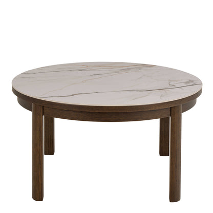Cork Round Cream Ceramic Coffee Table with Oak Veneer Base