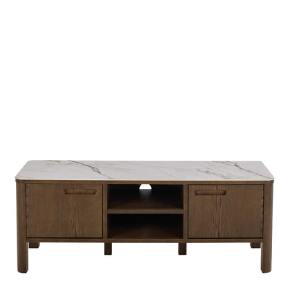 Cork Oak Veneer TV Unit with Cream Ceramic Top 2 Drawers 2 Shelves