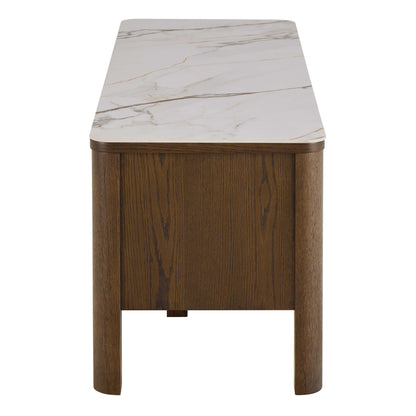 Cork Oak Veneer TV Unit with Cream Ceramic Top 2 Drawers 2 Shelves