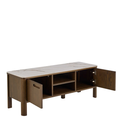 Cork Oak Veneer TV Unit with Cream Ceramic Top 2 Drawers 2 Shelves