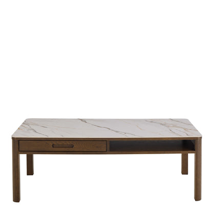 Cork Rectangular Cream Ceramic Coffee Table with Oak Veneer Base