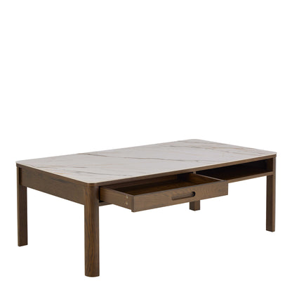 Cork Rectangular Cream Ceramic Coffee Table with Oak Veneer Base