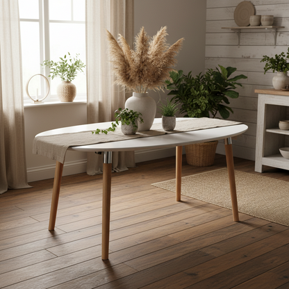 Honeybrook White and Natural Oak Wood Oval Dining Table