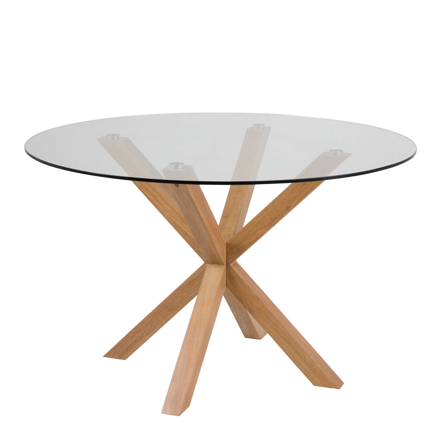 Perth 119cm Clear Glass Round Dining Table Natural Oak Effect Legs