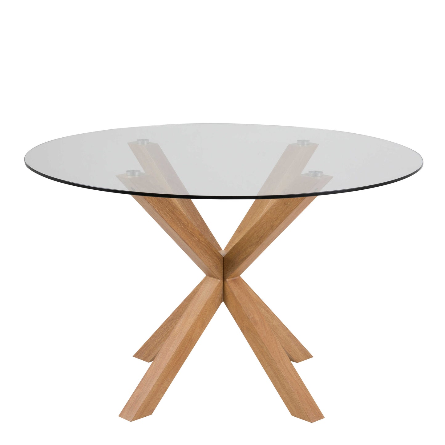 Perth 119cm Clear Glass Round Dining Table Natural Oak Effect Legs