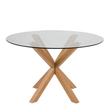 Perth 119cm Clear Glass Round Dining Table Natural Oak Effect Legs